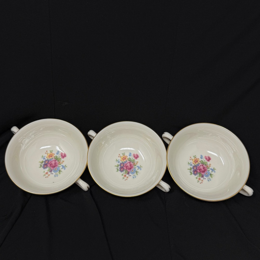 Lenox Rose Floral Cream Soup Handle Bowls Set 3 Pcs Floral Gold Trim 5 Inch Diam